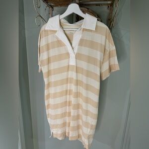 Everlane, Organic Cotton, Beige and Cream, Striped Mini Dress W/ collar, Med